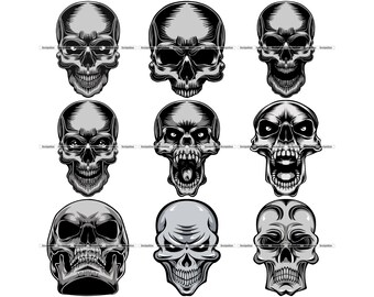 Puede incluir: Nueve ilustraciones en escala de grises de calaveras con diversas expresiones. Las calaveras están detalladas con sombreado y resaltes, mostrando diferentes formas de boca y cuencas de los ojos. La obra de arte es una colección de diseños góticos o temáticos de Halloween.