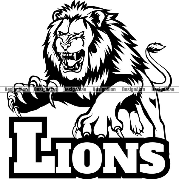 Lion School Mascot Sports Team Cartoon Character Big Cat Claws Attacking Animal Fantasy League Vector Art Text Design Element JPG PNG SVG