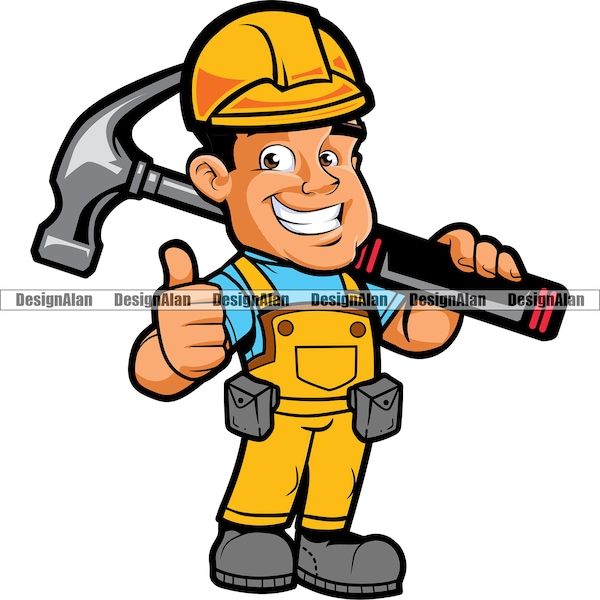 Construction Worker Thumb Up Happy Man Cartoon Character Company Uniform Helmet Hammer Handyman Contractor Logo Color Design Element PNG SVG