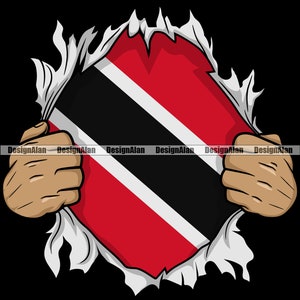 May include: A person is shown with their shirt ripped open, revealing the flag of Trinidad and Tobago. The flag is red, white, and black with a diagonal black band.