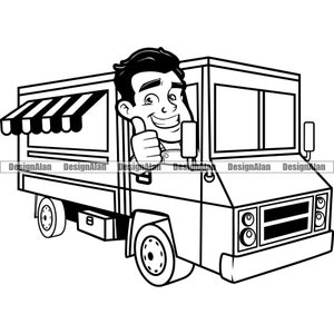 Camión de comida Vehículo de entrega Hombre feliz Pulgares hacia arriba Cocinero Personaje de dibujos animados Empresa Chef Empresa Catering Cocina Logotipo Elemento de diseño PNG SVG