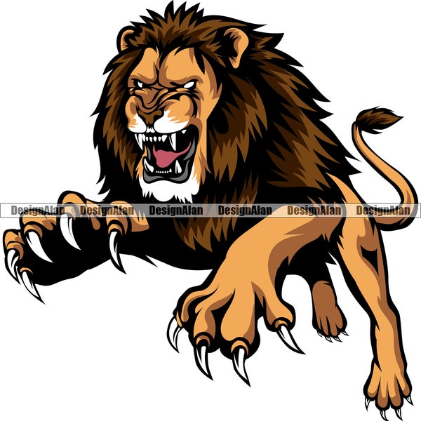 Lion School Mascot Sports Team Cartoon Character Big Cat Claws Attacking Animal Fantasy Vector Art Color Design Element JPG PNG SVG File