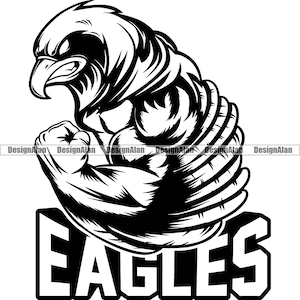 Peut inclure: Illustration en noir et blanc d'un aigle musclé avec ses ailes déployées. L'aigle regarde vers la gauche et a une expression féroce. Le texte "EAGLES" est écrit en dessous de l'aigle en lettres blanches et grasses.