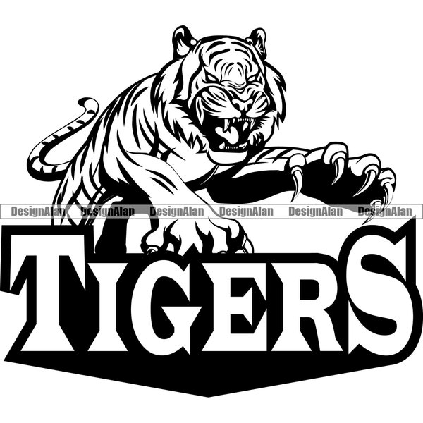 Tiger School Mascot Sports Team Cartoon Growling Angry Big Cat Attacking Animal Predator Vector Logo Art Text Design Element JPG PNG SVG Cut