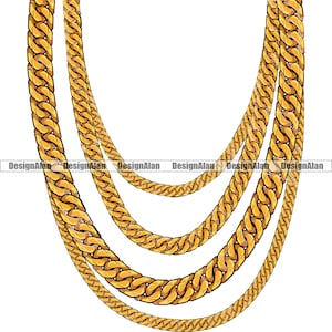 Puede incluir: Tres cadenas de oro, cada una con un patrón de eslabón diferente, se drapean una sobre la otra en forma de U.