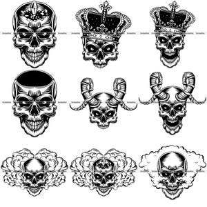 9 Skull SVG PNG T-Shirt Designs Bundle - Skeleton Head Tattoo Gothic Horror Biker King Devil Smoke Elements Clipart Cricut Cut Heat Press