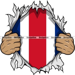 Costa Rico Rican Superhero Hands Ripping Open Shirt Showing Flag Through Spanish Latino Hispanic Tattoo Color Design Element SVG PNG Cut