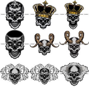 9 Skull SVG PNG T-Shirt Designs Bundle - Skeleton Head Tattoo Gothic Horror Biker King Devil Smoke Color Elements Clipart Cricut Heat Press