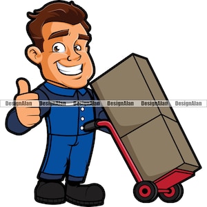 Mover Thumbs Up Happy Man Cartoon Character Moving Business Company Delivery Box Hand Truck Service Worker Logo Color Design Element PNG SVG