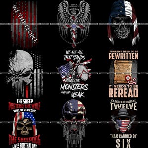 May include: A collection of graphic designs featuring patriotic themes. The designs include skulls, American flags, and text such as "We the People" and "It Doesn't Need to Be Rewritten." The color palette is primarily red, white, and blue.
