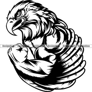 Peut inclure: Illustration en noir et blanc d'un aigle musclé avec ses plumes d'ailes déployées. L'aigle a une expression féroce et fléchit son biceps.
