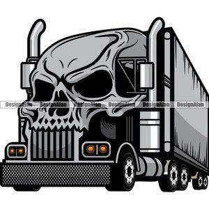 Skull Truck Driver Trucker Semi Skeleton Tractor Trailer Cab Big Rig Cargo Delivery Trucking Haul Hauler Logo Art Color Design PNG SVG Cut