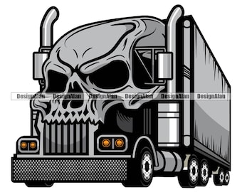 Skull Truck Driver Trucker Semi Skeleton Tractor Trailer Cab Big Rig Cargo Delivery Trucking Haul Hauler Logo Art Color Design PNG SVG Cut