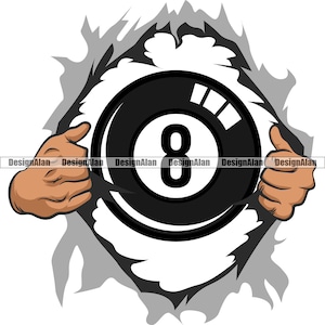 Könnte beinhalten: Eine schwarze und weiße 8-Ball-Billardkugel bricht durch einen weißen Hintergrund, mit zwei Händen auf jeder Seite der Kugel.