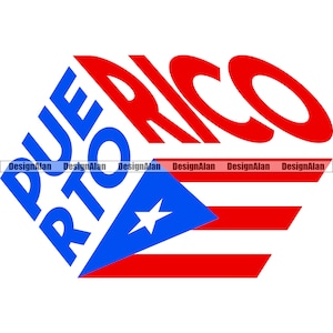 May include: A red, white, and blue graphic design with the words "PUERTO RICO" in a bold, stylized font. The design features a stylized Puerto Rican flag with a white star on a blue triangle.
