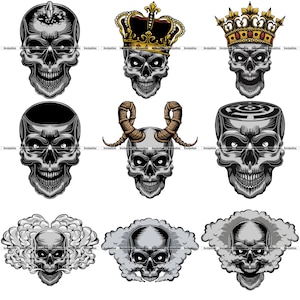 9 Skull SVG PNG T-Shirt Designs Bundle - Skeleton Head Tattoo Gothic Horror Biker King Devil Smoke Color Elements Clipart Cricut Cut POD Dtg