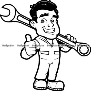 Mecánico Pulgares arriba Hombre feliz Dibujos animados Garaje Negocio Reparación de automóviles Empresa Llave Manitas Servicio Trabajador Logotipo Elemento de diseño PNG SVG Archivo de corte