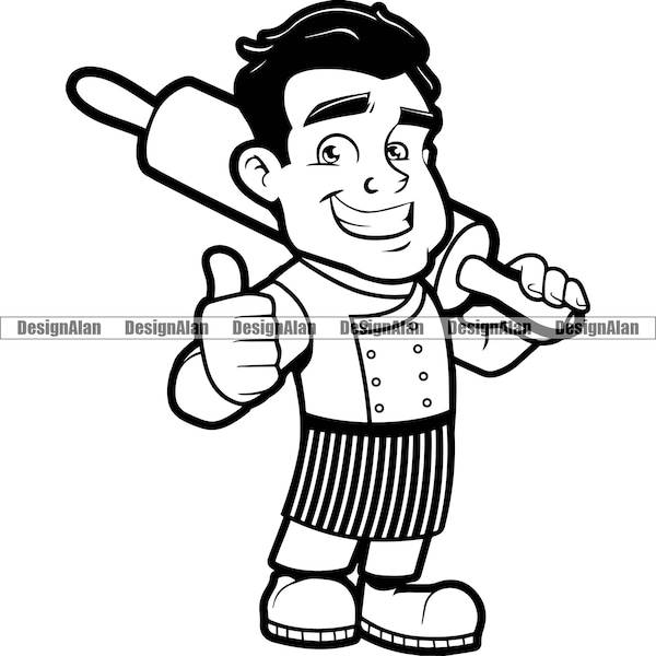 Baker Man Thumb Up Cartoon Character Business Mascot Rolling Pin Bakery Baking Pizza Happy Chef Cook Restaurant Logo Design Element PNG SVG