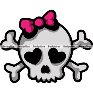 May include: A cartoon skull with a pink bow on top and heart-shaped eyes. The skull is crossed with two white bones.