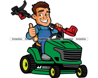 Landscaping Thumbs Up Happy Man Lawnmower Cartoon Landscape Business Landscaper Company Lawn Mower Logo Color Design Element JPG PNG SVG Cut