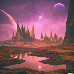 May include: A digital art illustration of a pink and purple sky with a large moon and stars. The landscape is a desert with tall, pointed rock formations and a small body of water reflecting the sky.