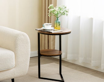 Round Side Table w/ Rotatable Shelf and C Shaped, Modern End Table Living Room Furniture, Nightstand Bedside Table, Unique Small Couch Table