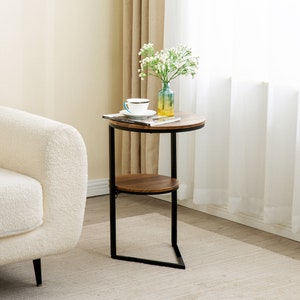 Round Side Table w/ Rotatable Shelf and C Shaped, Modern End Table Living Room Furniture, Nightstand Bedside Table, Unique Small Couch Table