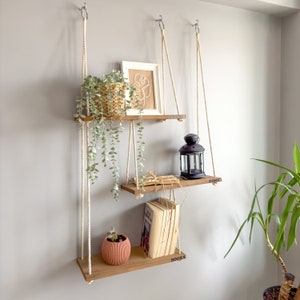 Home Bathroom PU Leather Hanging Rope Wooden Shelf Rack Plant