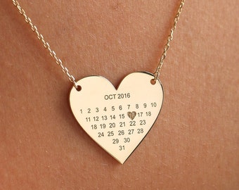 Personalized Heart Calendar Necklace, Date Necklace, Heart Necklace, Gift for Her, Custom Birthday Necklace, Mother's Day Gift, Year Jewelry