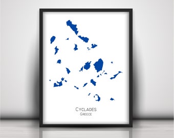 Carte des îles des Cyclades, imprimable, bleue, Mykonos, Santorin, Paros, carte des cyclades à téléchargement numérique, îles grecques, haute résolution