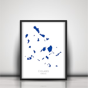 Carte des îles des Cyclades, imprimable, bleue, Mykonos, Santorin, Paros, carte des cyclades à téléchargement numérique, îles grecques, haute résolution