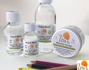 Zest-it® Pencil Blend - 125ml, 250ml and 500ml and Blending Sponge Pot. Blends coloured pencils, wax crayons, oil pastels and graphite.