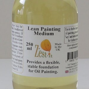 May include: A clear bottle of "Lean Painting Medium" with a white cap. The label reads "Zest-it" and "250 ml". The product provides a flexible, stable foundation for oil painting. Made in the UK.