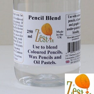 May include: A clear bottle with a white cap, containing 250 ml of "Pencil Blend" liquid. The label indicates it's for blending coloured pencils, wax pencils, and oil pastels. The product is made in the UK.