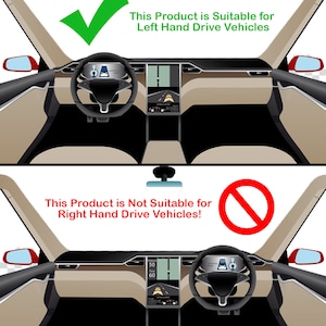 Op de afbeelding: Twee afbeeldingen van een auto-interieur met het dashboard en het stuurwiel. De eerste afbeelding heeft een groen vinkje en de tekst "Dit product is geschikt voor linksgestuurde voertuigen". De tweede afbeelding heeft een rode cirkel met een diagonale streep en de tekst "Dit product is niet geschikt voor rechtsgestuurde voertuigen!"