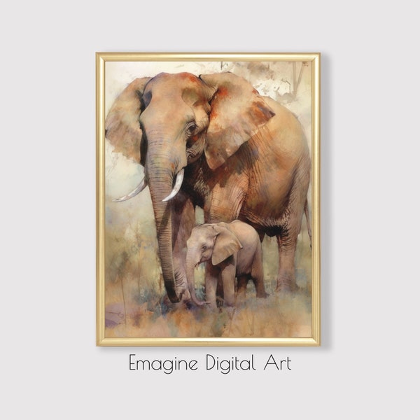 PRINTABLE ART | Mother and Baby Elephant Painting | African Wildlife Wall Decor | Digital Art to Instantly Download, Print and Frame | WL-20