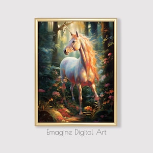 PRINTABLE ART | Unicorn in Enchanted Forest | Fantasy Wall Decor | Digital Art to Instantly Download, Print and Frame | WL-30