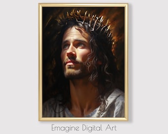 Puede incluir: Una pintura de un hombre con cabello largo y castaño y una corona de espinas. Está mirando hacia arriba con una expresión de tristeza. La pintura está en un marco dorado.