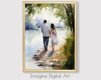 May include: A watercolor painting of a couple walking hand-in-hand along a path by a lake. The couple is walking away from the viewer, and the painting is done in a soft, romantic style.