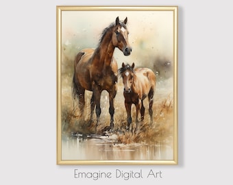 牝馬と子馬 - 印象派オリジナル水彩画 - 馬 - 自然印象派 - Etsy 日本