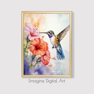 PRINTABLE ART | Hummingbird and Hibiscus Painting | Birds and Floral Wall Decor | Digital Art to Instantly Download, Print & Frame | WL-33