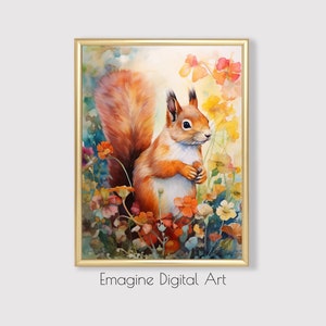 Könnte beinhalten: Ein Aquarellbild eines roten Eichhörnchens, das in einem Feld mit bunten Blumen sitzt. Das Eichhörnchen schaut nach rechts und hat seine Pfoten vor sich verschränkt. Die Blumen sind in den Farben Rosa, Gelb, Orange und Rot.