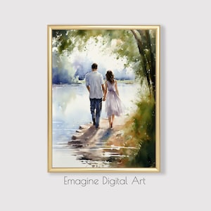 印刷可能なアート | 湖のほとりを歩くロマンチックなカップルの水彩画 | ロマンチックな壁飾り | ダウンロード、印刷、額装できるデジタルアート | LS-40