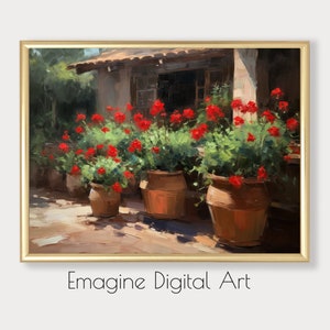 PRINTABLE ART | Red Geraniums on Country Patio Painting | Floral Wall Decor | Digital Art to Instantly Download, Print, and Frame | FL-05