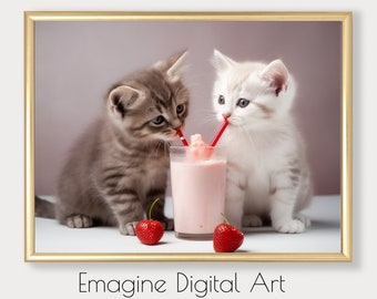 Kittens Sharing Milkshake Art Print | Kids Room Decor (Digital Download)