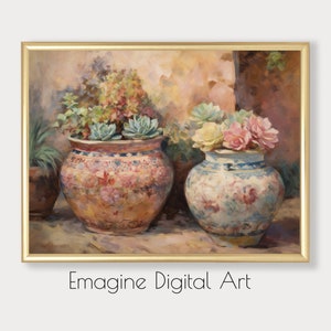 May include: Two ornate ceramic pots with floral designs, filled with succulents and flowers, against a warm, painted background.