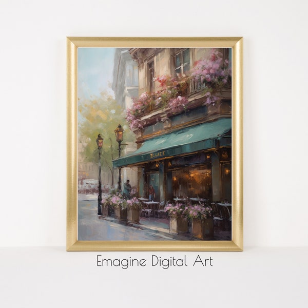 ART IMPRIMABLE | peinture vintage du café parisien au printemps | Bistro français romantique Fleurs roses | Téléchargement instantané, impression et cadre | PL-02