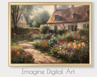 Vintage European Cottage Print | Tulip Garden Painting (Digital Download)