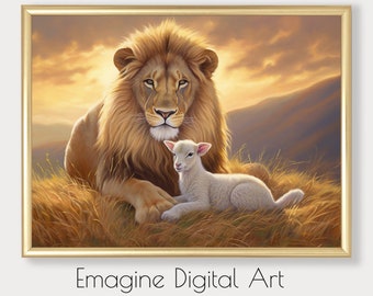 PRINTABLE ART | Lion and Lamb Sunrise Harmony Painting | Christian Art | Biblical Wall Decor | Instantly Download, Print, and Frame | RE-10