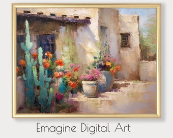 Southwest Adobe Home Art Print | Flowering Cactus, Desert Decor (Digital Download)